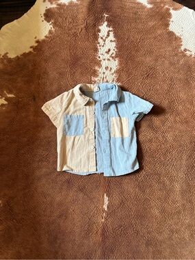 SHEIN Kids Colorblock Button-Down Shirt in Blue & Cream